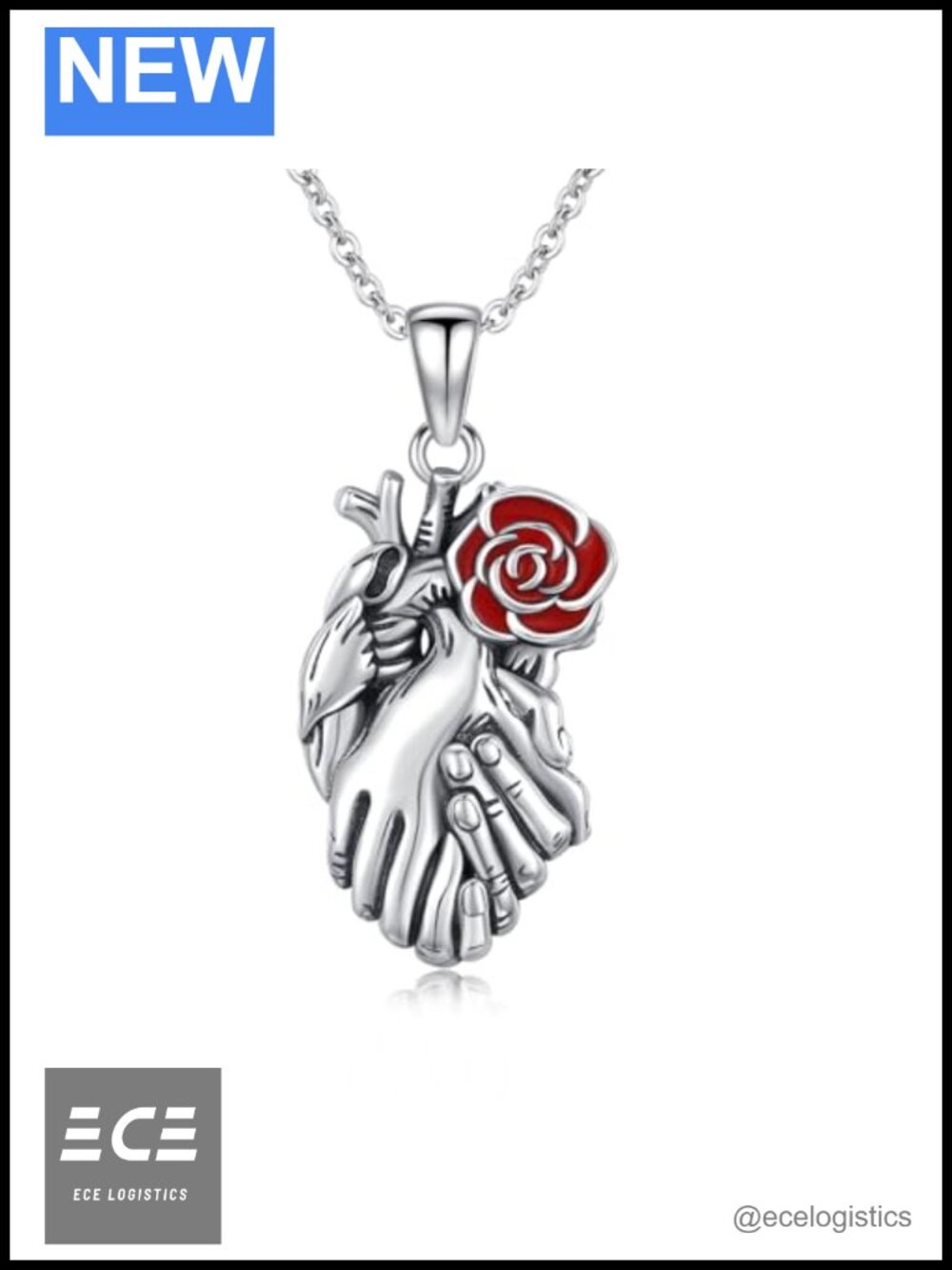 925 Sterling Silver Anatomical Heart Necklace Rose Flower Pendant